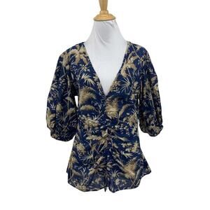 La Vie Blouse Womens L Large Navy Stone Metallic Puff Sleeve V Neck Floral Print